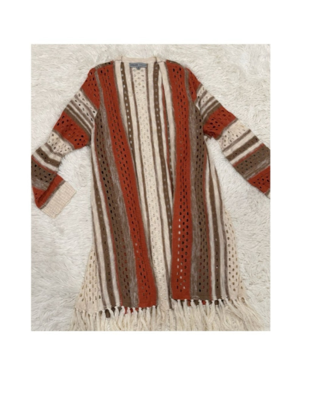 Absolutely Famous Cardigan 1X Orange Beige Striped Fringe